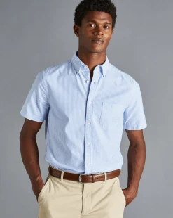 Short Sleeve Shirts|Casual Shirts<Charles Tyrwhitt Button-Down Collar Washed Oxford Stripe Short Sleeve Shirt - Ocean Blue