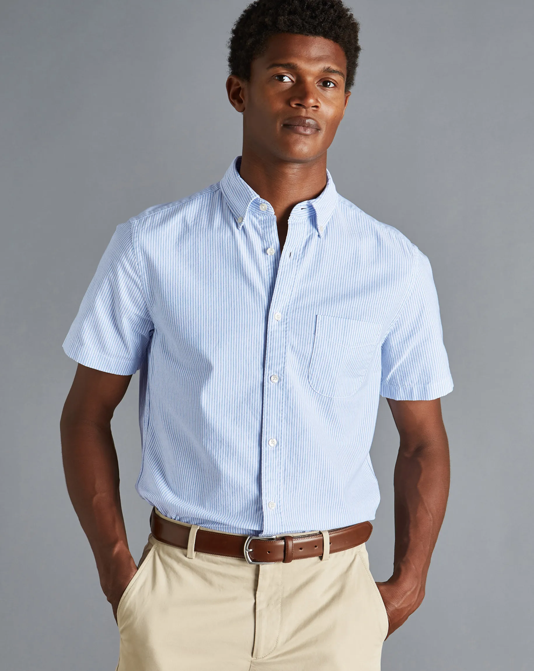 Short Sleeve Shirts|Casual Shirts<Charles Tyrwhitt Button-Down Collar Washed Oxford Stripe Short Sleeve Shirt - Ocean Blue