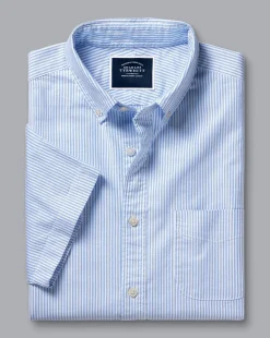 Short Sleeve Shirts|Casual Shirts<Charles Tyrwhitt Button-Down Collar Washed Oxford Stripe Short Sleeve Shirt - Ocean Blue