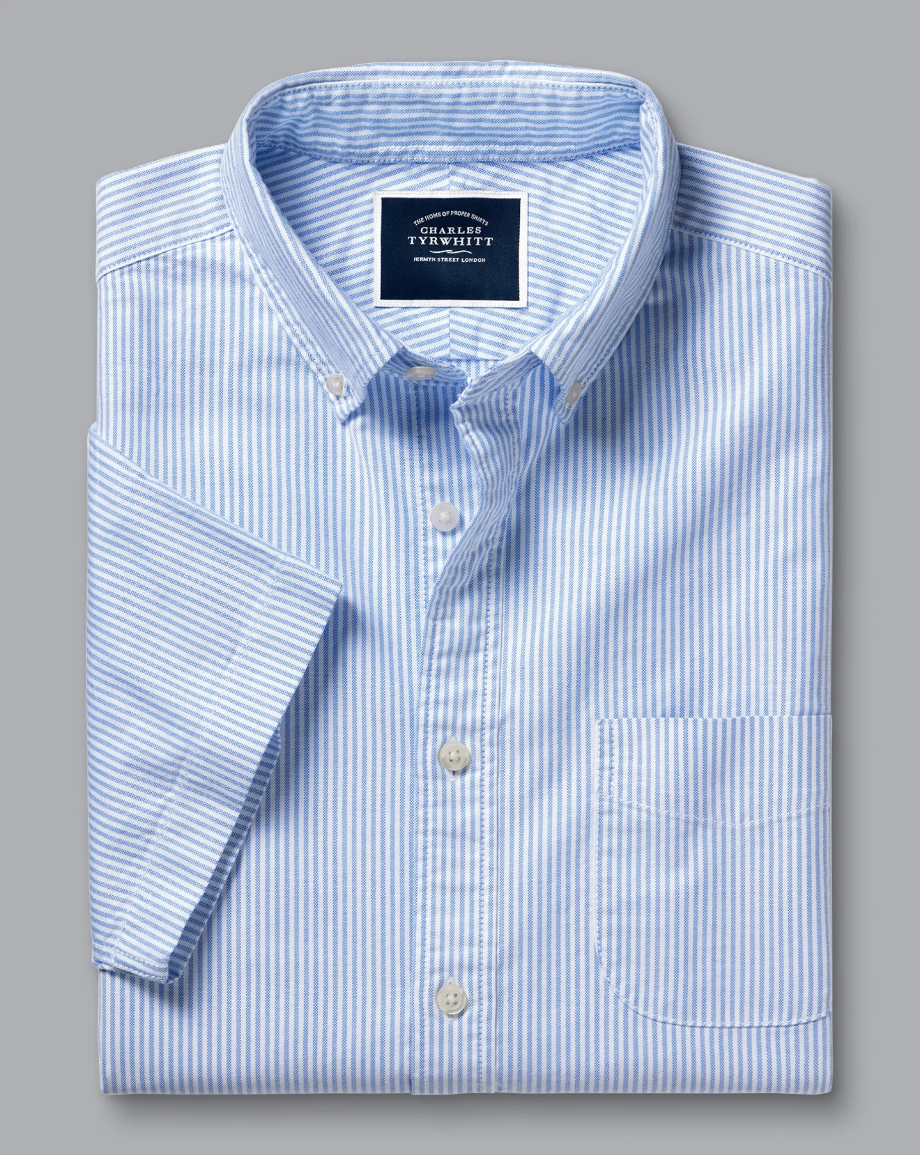 Short Sleeve Shirts|Casual Shirts<Charles Tyrwhitt Button-Down Collar Washed Oxford Stripe Short Sleeve Shirt - Ocean Blue