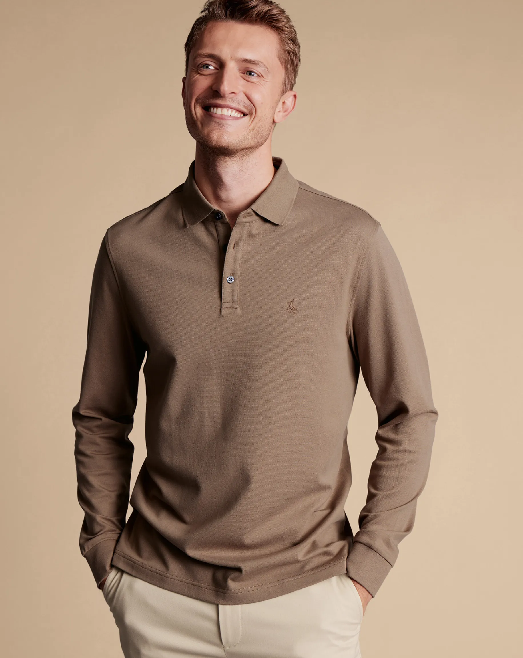 Long Sleeve polos|Polos<Charles Tyrwhitt Tyrwhitt Long Sleeve Pique Polo Camel