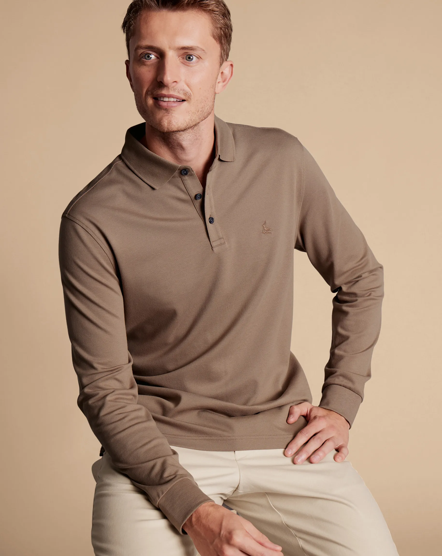 Long Sleeve polos|Polos<Charles Tyrwhitt Tyrwhitt Long Sleeve Pique Polo Camel