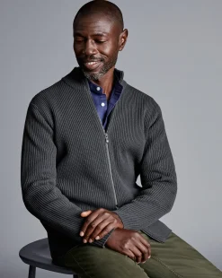 Grey Sweaters|Cardigans<Charles Tyrwhitt Chunky Zip Funnel Neck Cardigan - Grey Slate