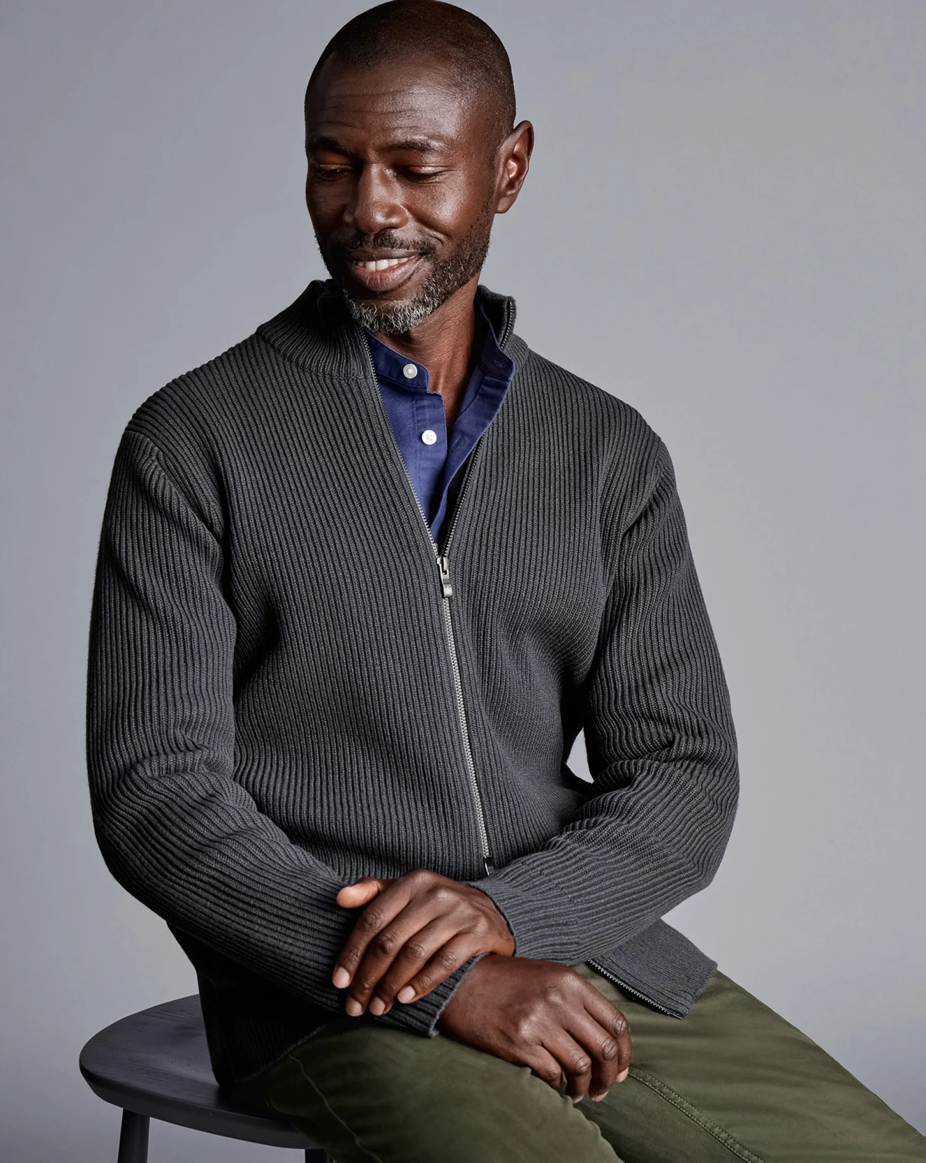 Grey Sweaters|Cardigans<Charles Tyrwhitt Chunky Zip Funnel Neck Cardigan - Grey Slate
