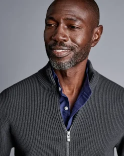 Grey Sweaters|Cardigans<Charles Tyrwhitt Chunky Zip Funnel Neck Cardigan - Grey Slate