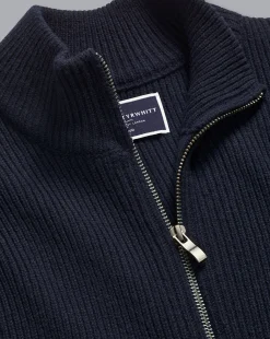 Blue Sweaters|Cardigans<Charles Tyrwhitt Chunky Zip Funnel Neck Cardigan - Navy