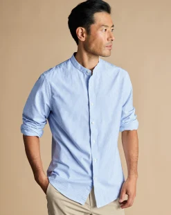 Casual Shirts|Collarless Shirts<Charles Tyrwhitt Collarless Stretch Washed Oxford Stripe Shirt - Ocean Blue