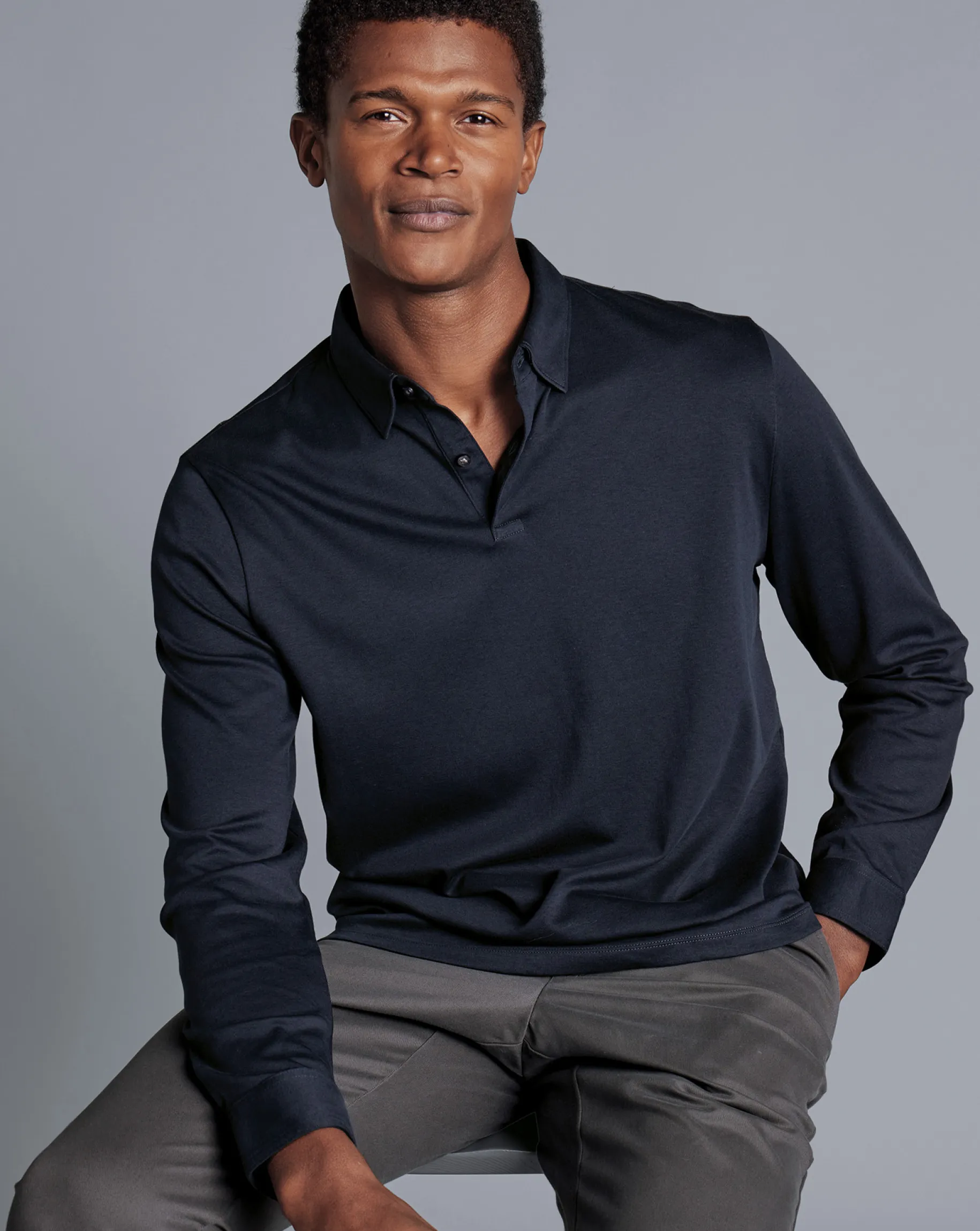 Blue Shirts|Blue<Charles Tyrwhitt Combed Cotton Long Sleeve Polo - Dark Navy