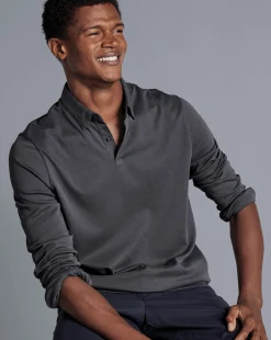 Grey|Long Sleeve polos<Charles Tyrwhitt Combed Cotton Long Sleeve Polo - Dark Grey