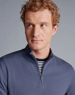 Golf Collection|Sweaters<Charles Tyrwhitt Combed Cotton Quarter Zip Sweater - Heather Blue