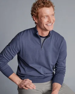 Golf Collection|Sweaters<Charles Tyrwhitt Combed Cotton Quarter Zip Sweater - Heather Blue