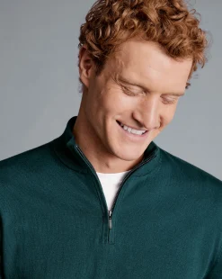 Sweaters<Charles Tyrwhitt Combed Cotton Quarter Zip Sweater - Green Teal