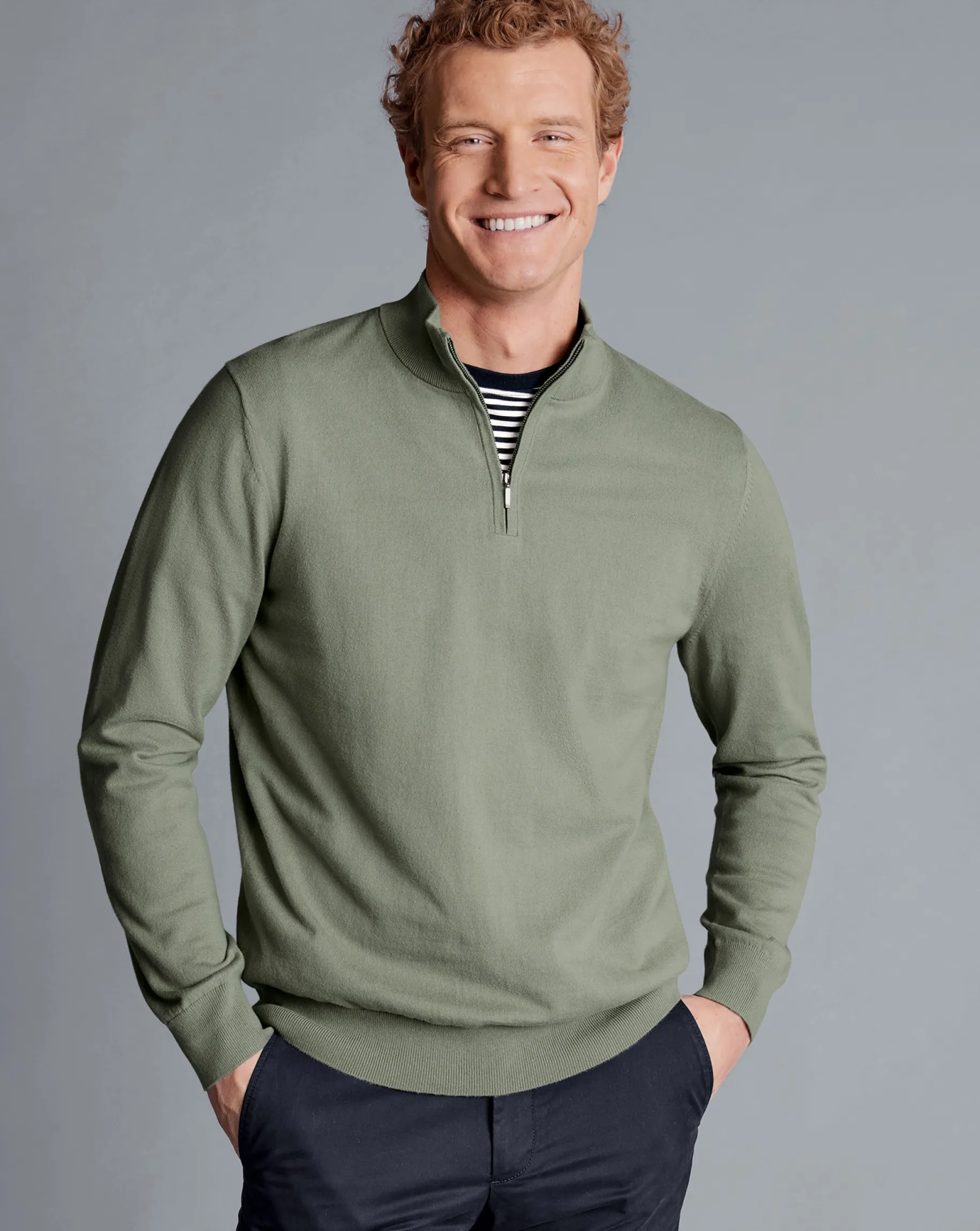 Golf Collection|Sweaters<Charles Tyrwhitt Combed Cotton Quarter Zip Sweater - Sage Green