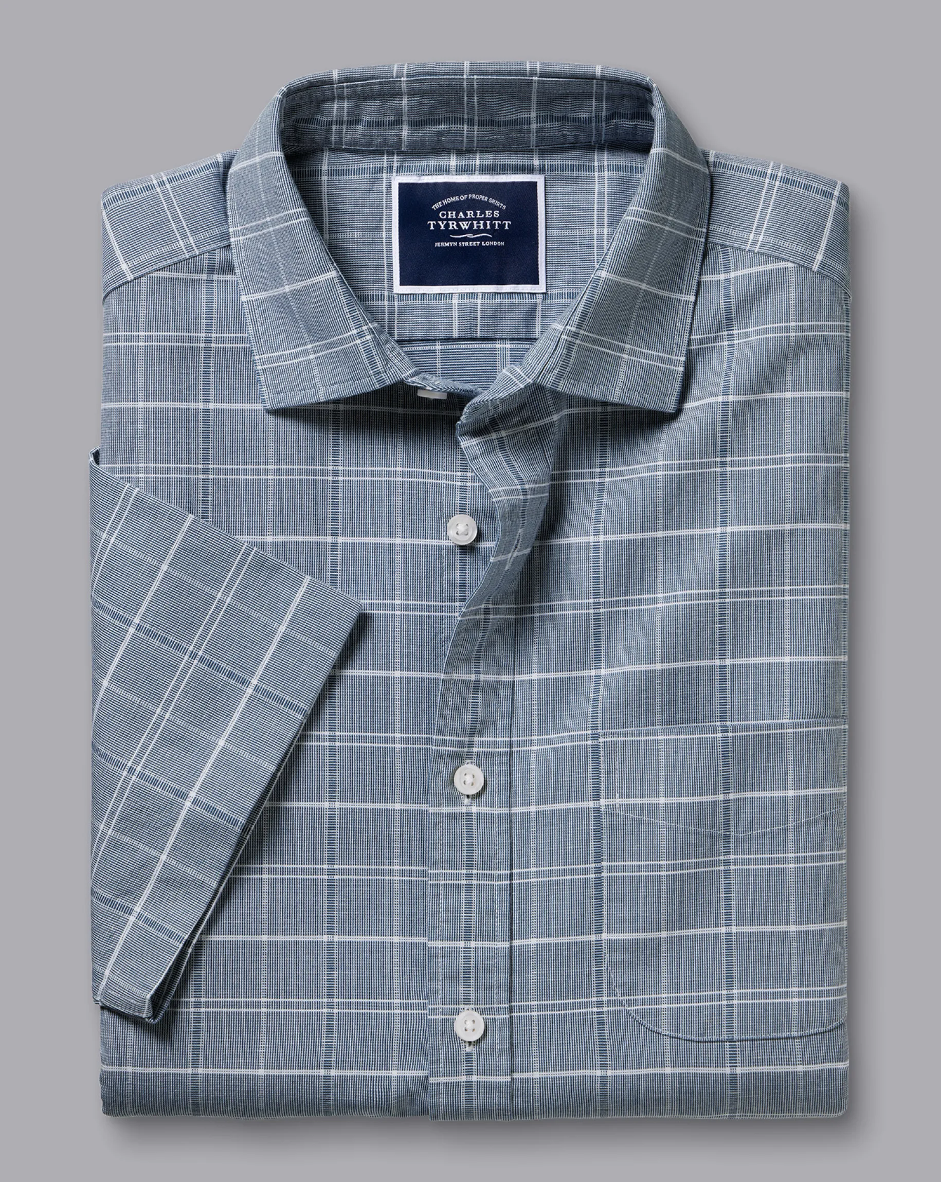 Shirt Sale|Casual Shirts<Charles Tyrwhitt Cotton Linen Check Short Sleeve Shirt - Petrol Blue