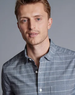 Shirt Sale|Casual Shirts<Charles Tyrwhitt Cotton Linen Check Short Sleeve Shirt - Petrol Blue