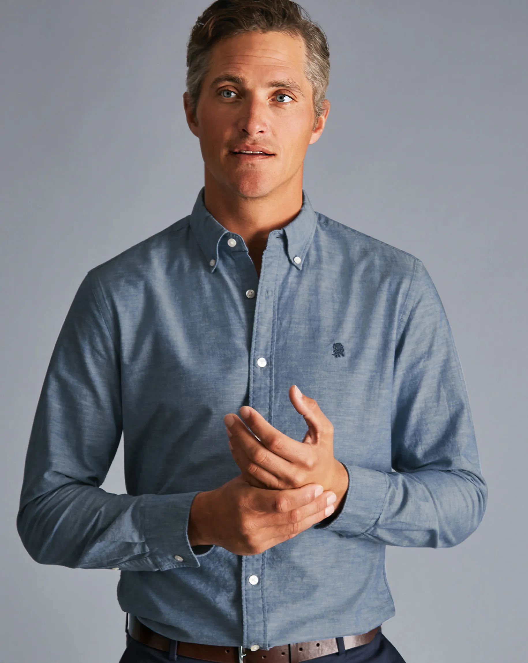 Casual Shirts|Blue Shirts<Charles Tyrwhitt England Rugby Button-Down Collar Chambray Shirt - Mid Blue
