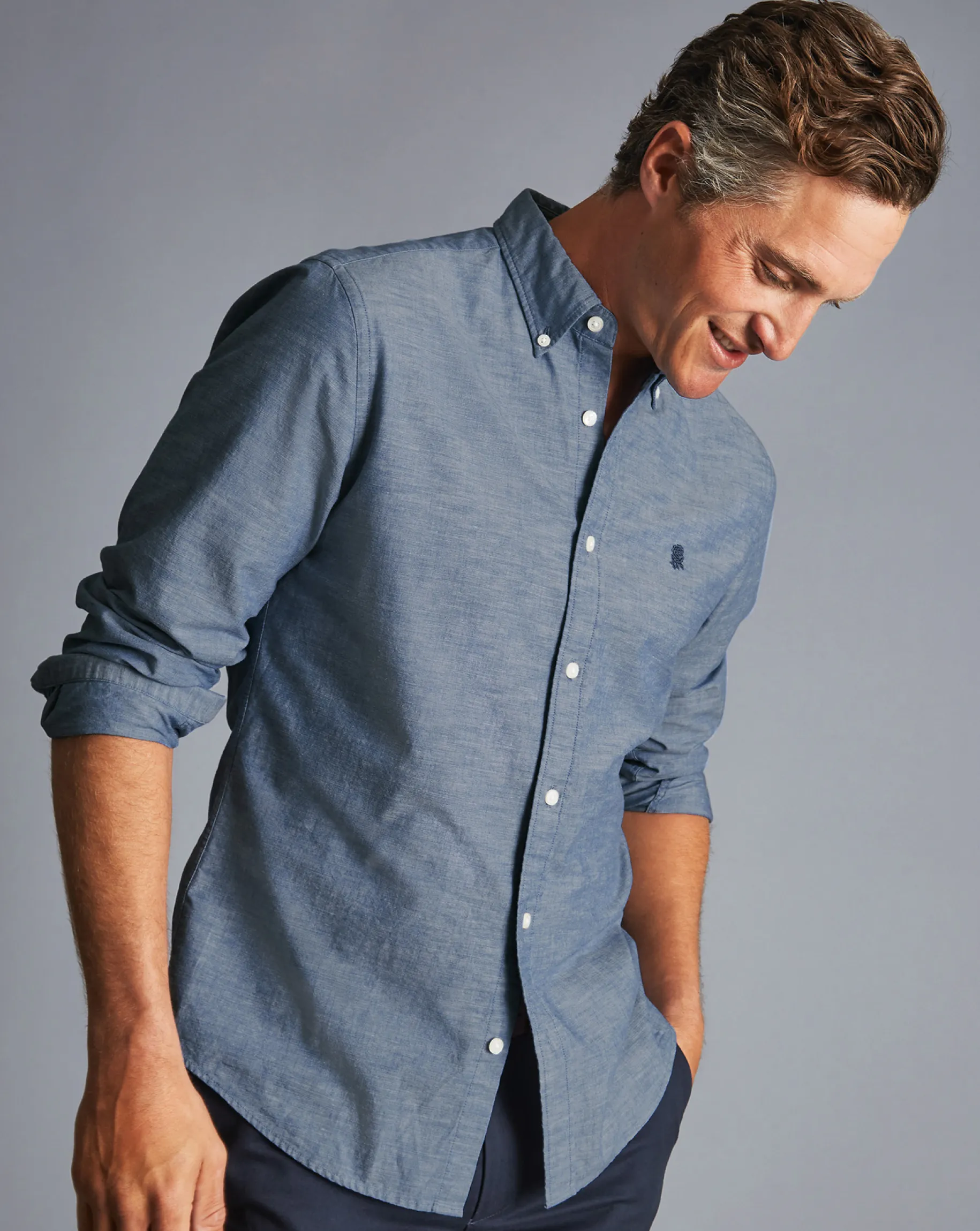 Casual Shirts|Blue Shirts<Charles Tyrwhitt England Rugby Button-Down Collar Chambray Shirt - Mid Blue