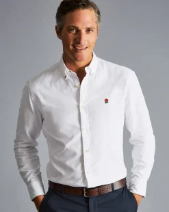Casual Shirts|White Shirts<Charles Tyrwhitt England Rugby Button-Down Collar Washed Oxford Shirt with Red Rose - White