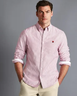 Casual Shirts|S<Charles Tyrwhitt England Rugby Button-Down Collar Washed Oxford Stripe Shirt - Wine Red