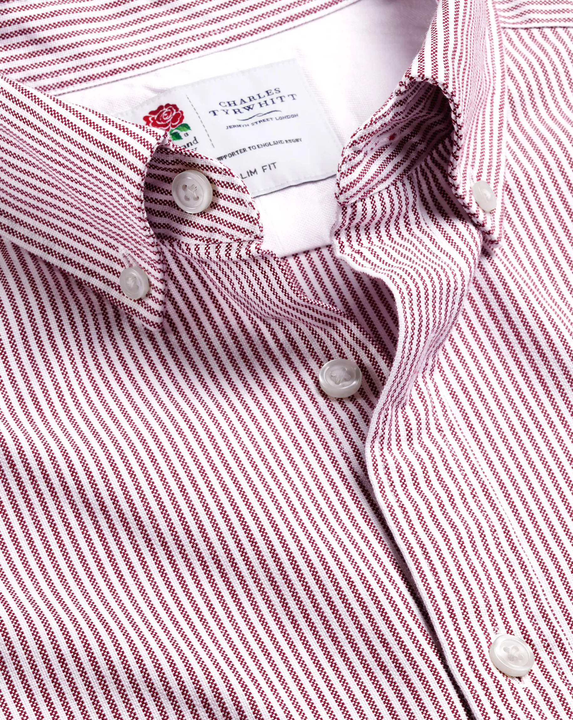 Casual Shirts|S<Charles Tyrwhitt England Rugby Button-Down Collar Washed Oxford Stripe Shirt - Wine Red