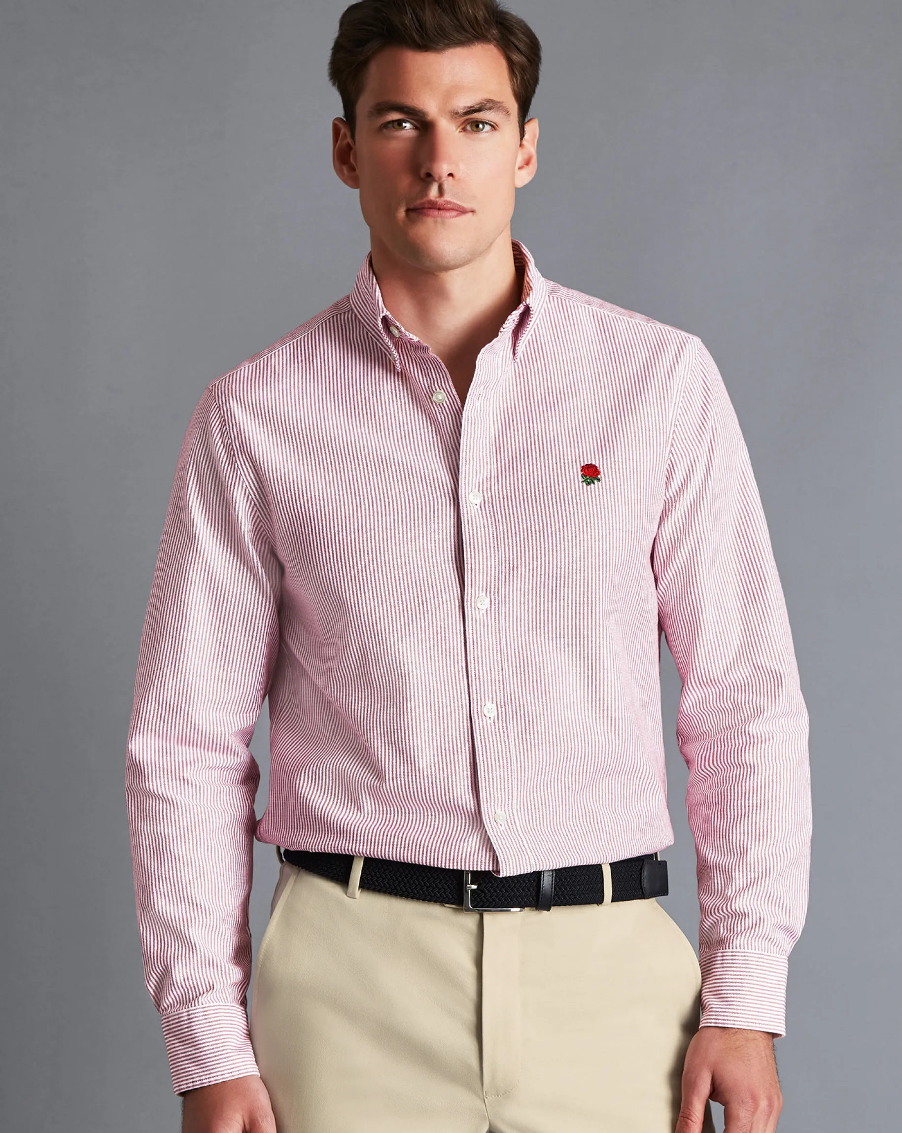 Casual Shirts|S<Charles Tyrwhitt England Rugby Button-Down Collar Washed Oxford Stripe Shirt - Wine Red