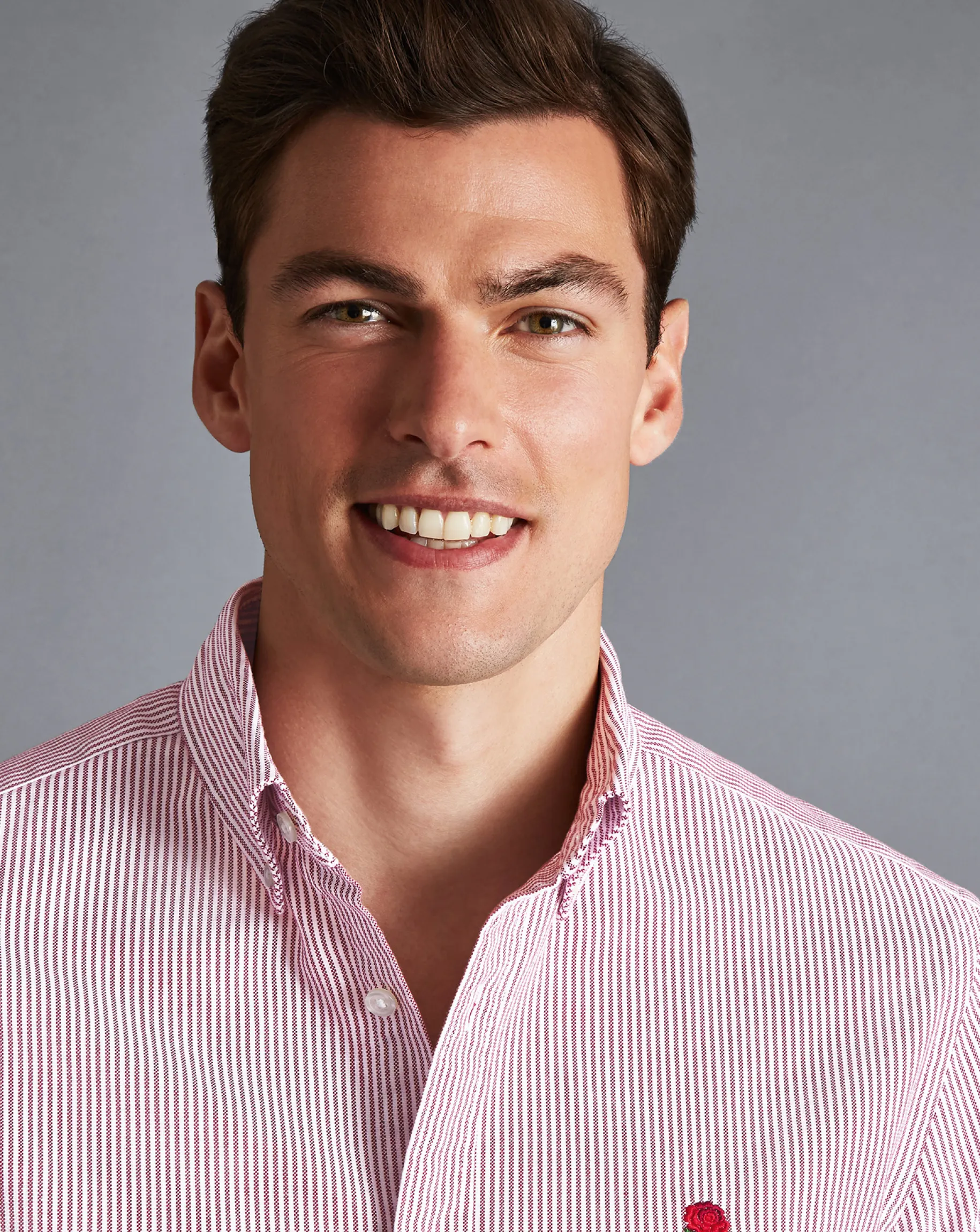 Casual Shirts|S<Charles Tyrwhitt England Rugby Button-Down Collar Washed Oxford Stripe Shirt - Wine Red