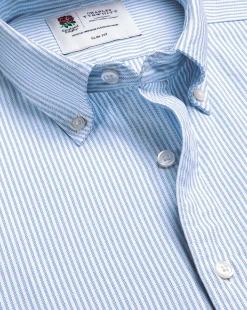 Casual Shirts|Blue Shirts<Charles Tyrwhitt England Rugby Button-Down Collar Washed Oxford Stripe Shirt - Blue & White Blue and White