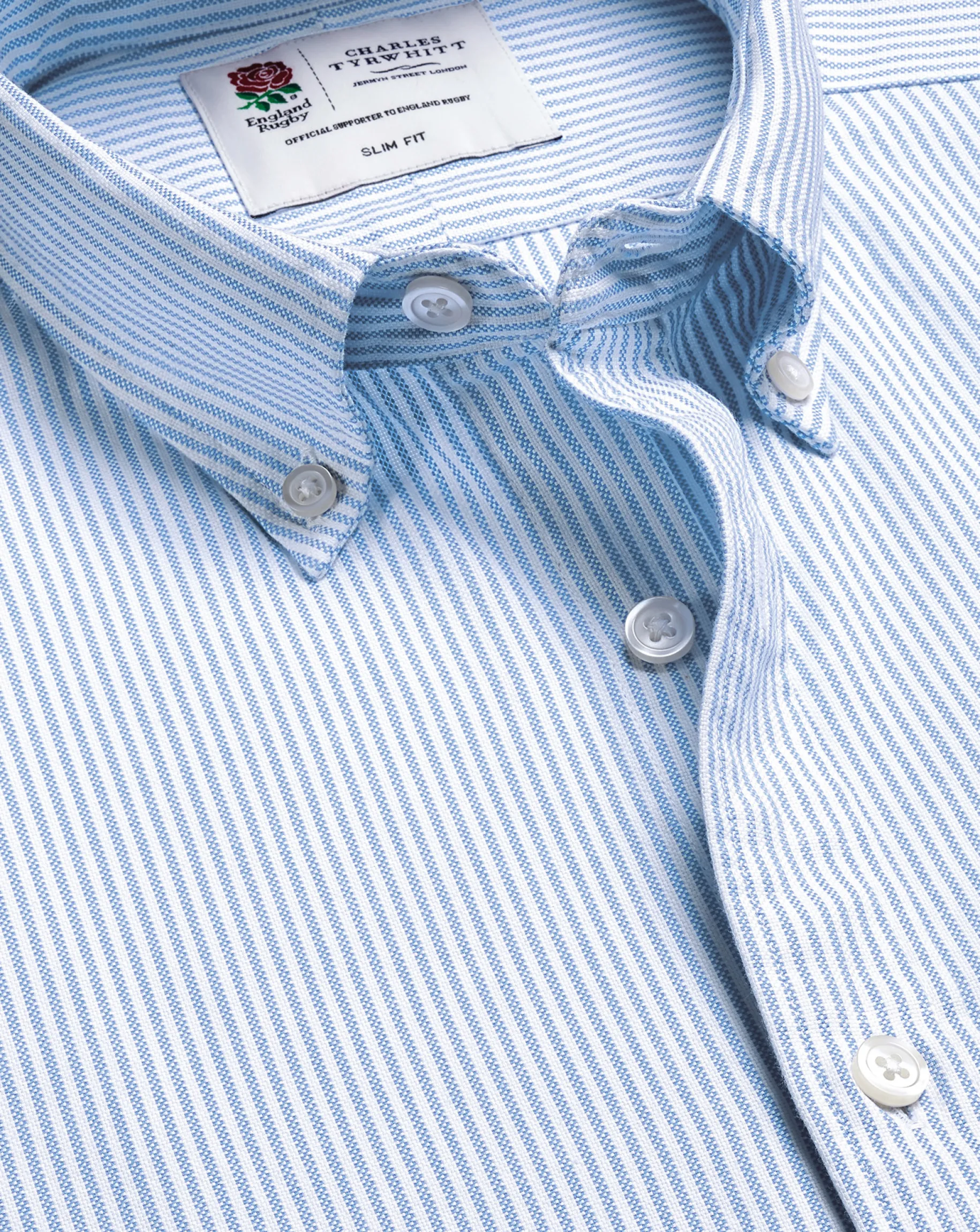 Casual Shirts|Blue Shirts<Charles Tyrwhitt England Rugby Button-Down Collar Washed Oxford Stripe Shirt - Blue & White Blue and White