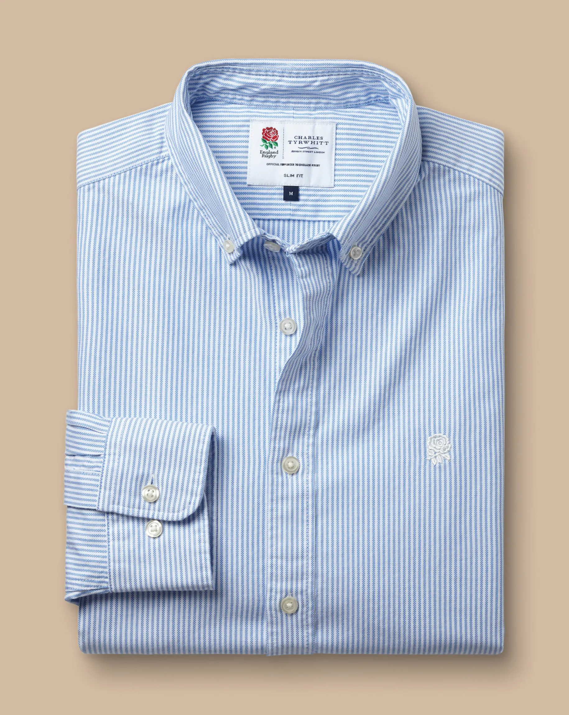 Casual Shirts|Blue Shirts<Charles Tyrwhitt England Rugby Button-Down Collar Washed Oxford Stripe Shirt - Blue & White Blue and White