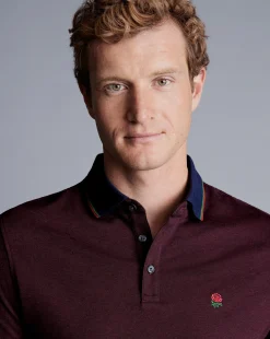 Short Sleeve polos|Polos<Charles Tyrwhitt England Rugby Collar Detail Pique Polo - Red Wine