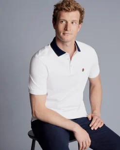 White Shirts|White<Charles Tyrwhitt England Rugby Collar Detail Pique Polo - White