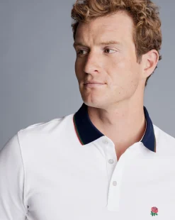 White Shirts|White<Charles Tyrwhitt England Rugby Collar Detail Pique Polo - White