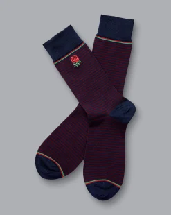 Socks<Charles Tyrwhitt England Rugby Fine Stripe Socks - Burgundy & Navy Burgundy and Navy