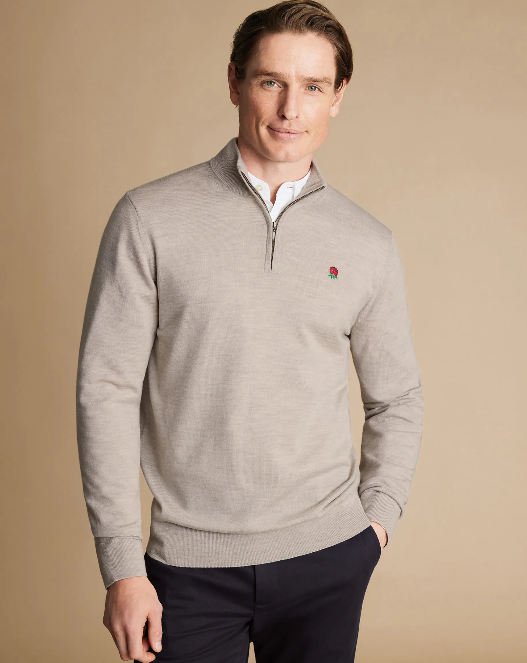 Quarter Zip Sweaters|Sweaters<Charles Tyrwhitt England Rugby Merino Quarter Zip Sweater - Limestone