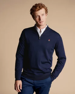 Quarter Zip Sweaters|Sweaters<Charles Tyrwhitt England Rugby Red Rose Merino Quarter Zip Sweater - Navy