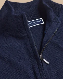 Quarter Zip Sweaters|Sweaters<Charles Tyrwhitt England Rugby Red Rose Merino Quarter Zip Sweater - Navy