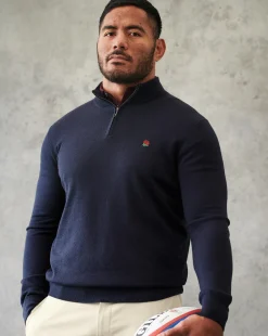 Quarter Zip Sweaters|Sweaters<Charles Tyrwhitt England Rugby Red Rose Merino Quarter Zip Sweater - Navy