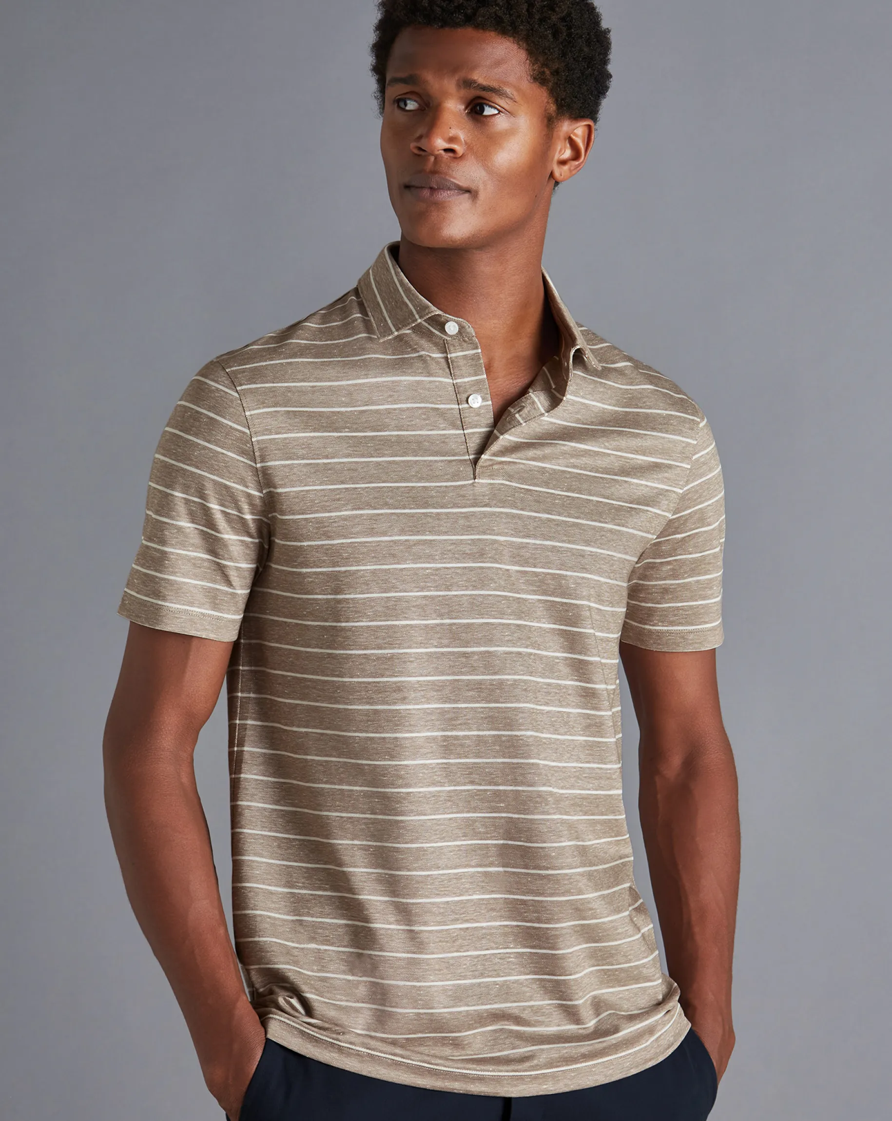 Shirt Sale|Polos<Charles Tyrwhitt Linen Cotton Stripe Polo - Mocha
