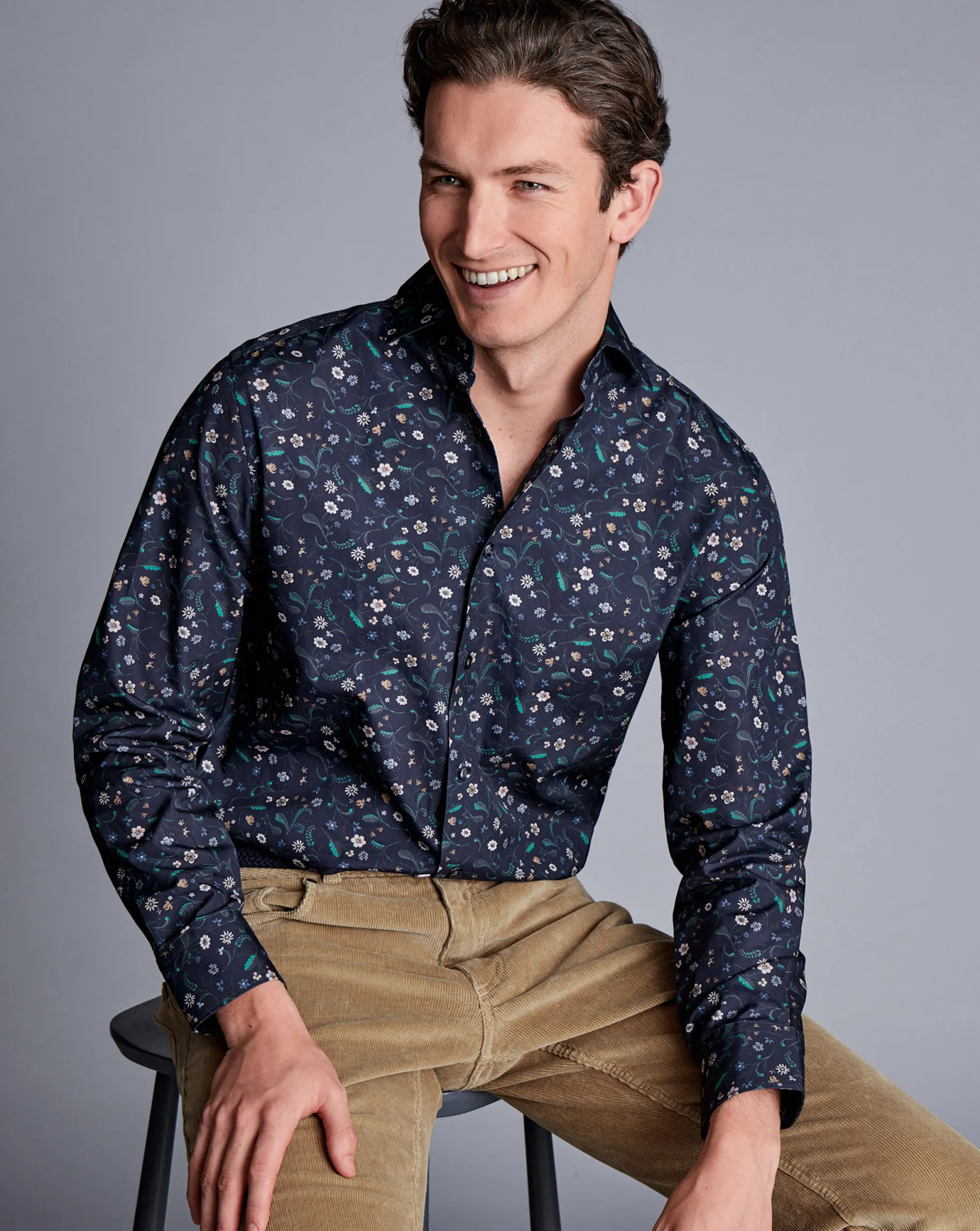 Business Casual Shirts|Casual Shirts<Charles Tyrwhitt Made With Liberty Fabric Large Floral Print Semi-Spread Collar Shirt - Navy