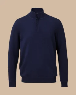 Sweaters|Blue Sweaters<Charles Tyrwhitt Merino Cashmere Button Neck Sweater - Navy