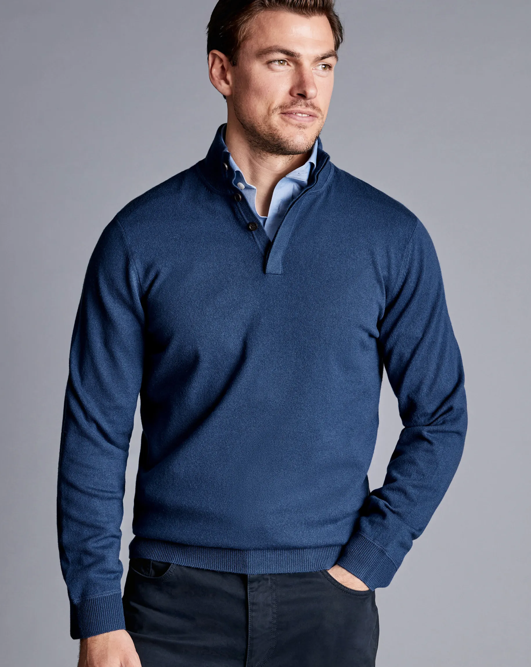 Sweaters|Blue Sweaters<Charles Tyrwhitt Merino Cashmere Button Neck Sweater - Indigo