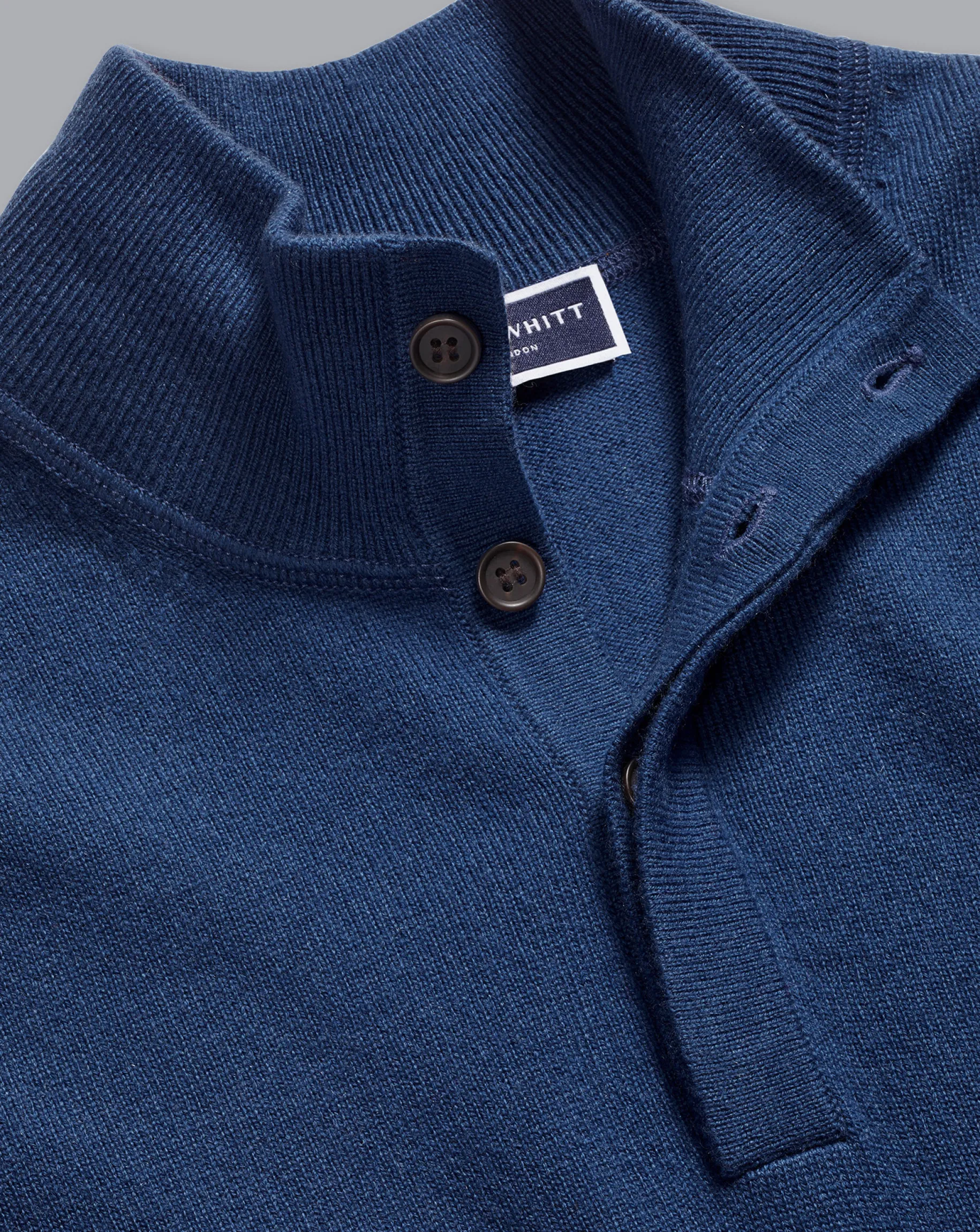 Sweaters|Blue Sweaters<Charles Tyrwhitt Merino Cashmere Button Neck Sweater - Indigo