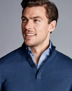 Sweaters|Blue Sweaters<Charles Tyrwhitt Merino Cashmere Button Neck Sweater - Indigo