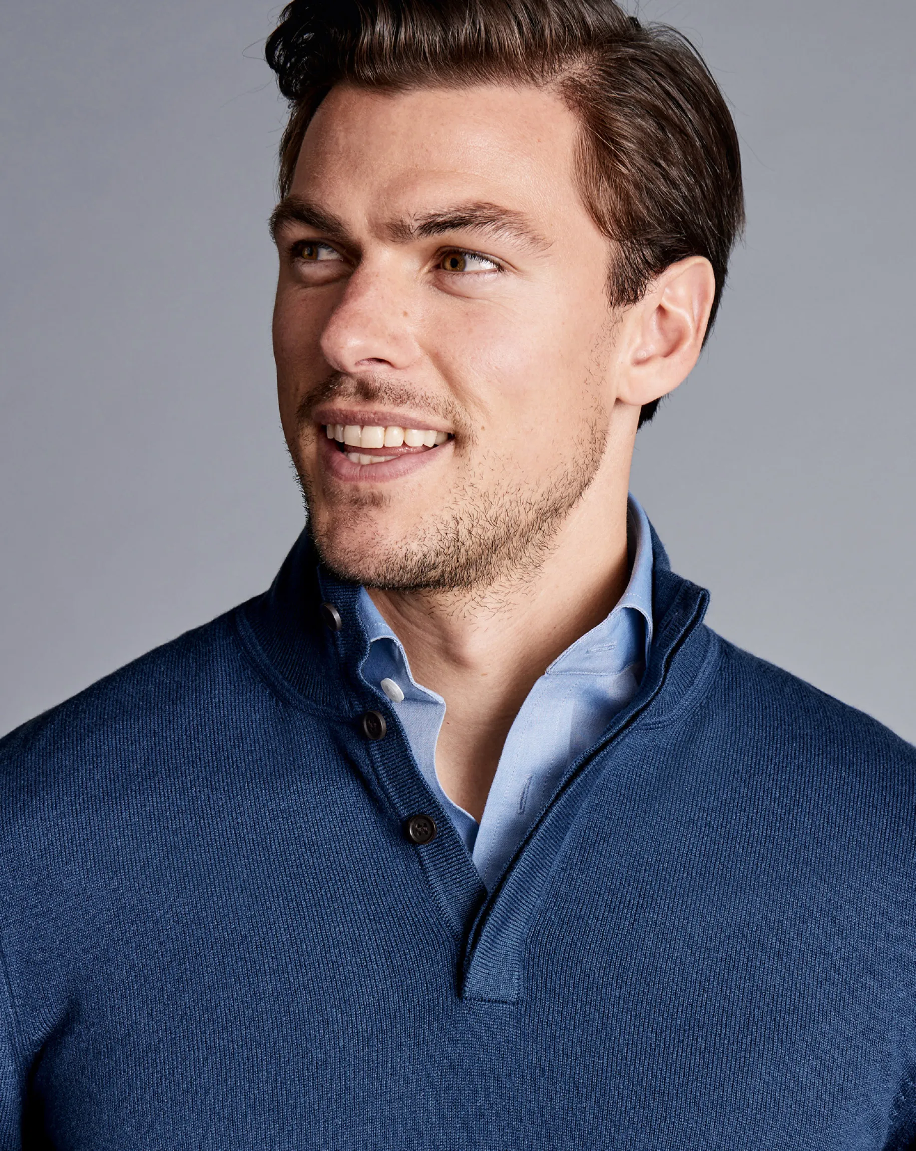 Sweaters|Blue Sweaters<Charles Tyrwhitt Merino Cashmere Button Neck Sweater - Indigo