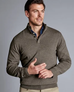 Sweaters|Brown Sweaters<Charles Tyrwhitt Merino Cashmere Button Neck Sweater - Mocha
