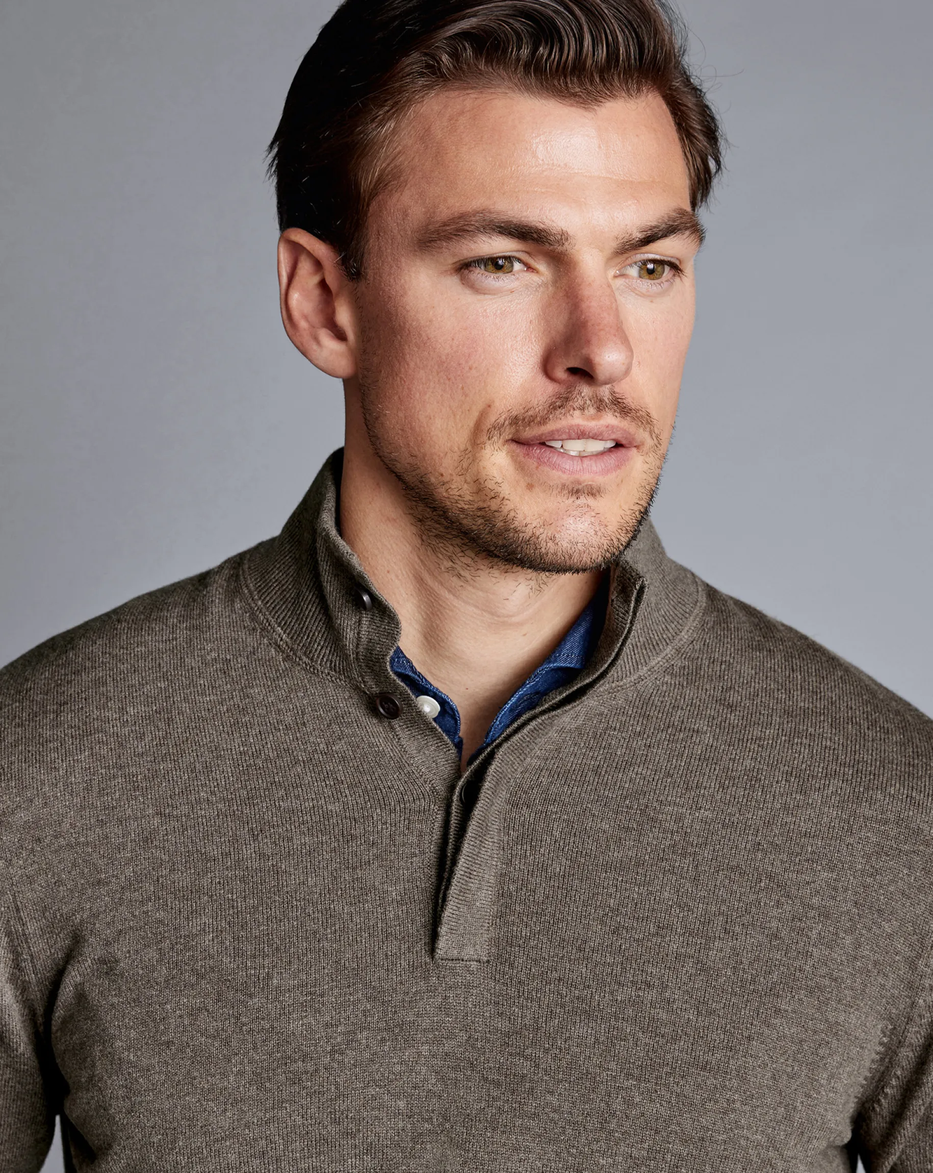 Sweaters|Brown Sweaters<Charles Tyrwhitt Merino Cashmere Button Neck Sweater - Mocha