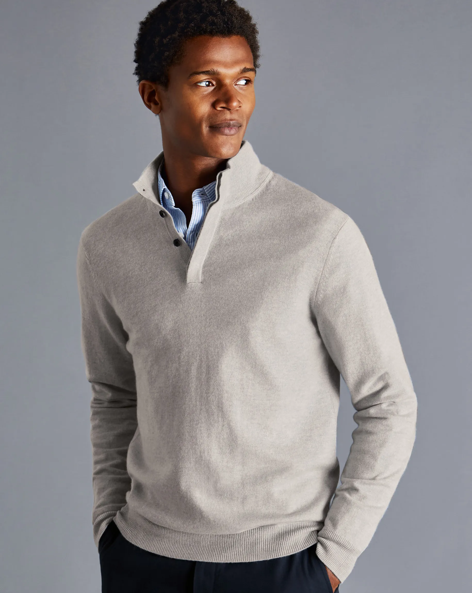 Cashmere Sweaters|Sweaters<Charles Tyrwhitt Merino Cashmere Button Neck Sweater - Silver