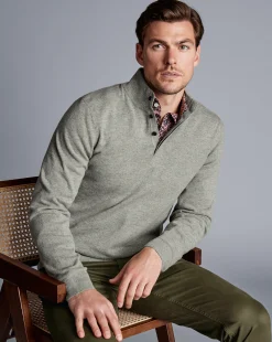 Sweaters|Green Sweaters<Charles Tyrwhitt Merino Cashmere Button Neck Sweater - Sage Green