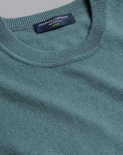 Sweaters<Charles Tyrwhitt Merino Cashmere Crew Neck Sweater - Pale Green Teal