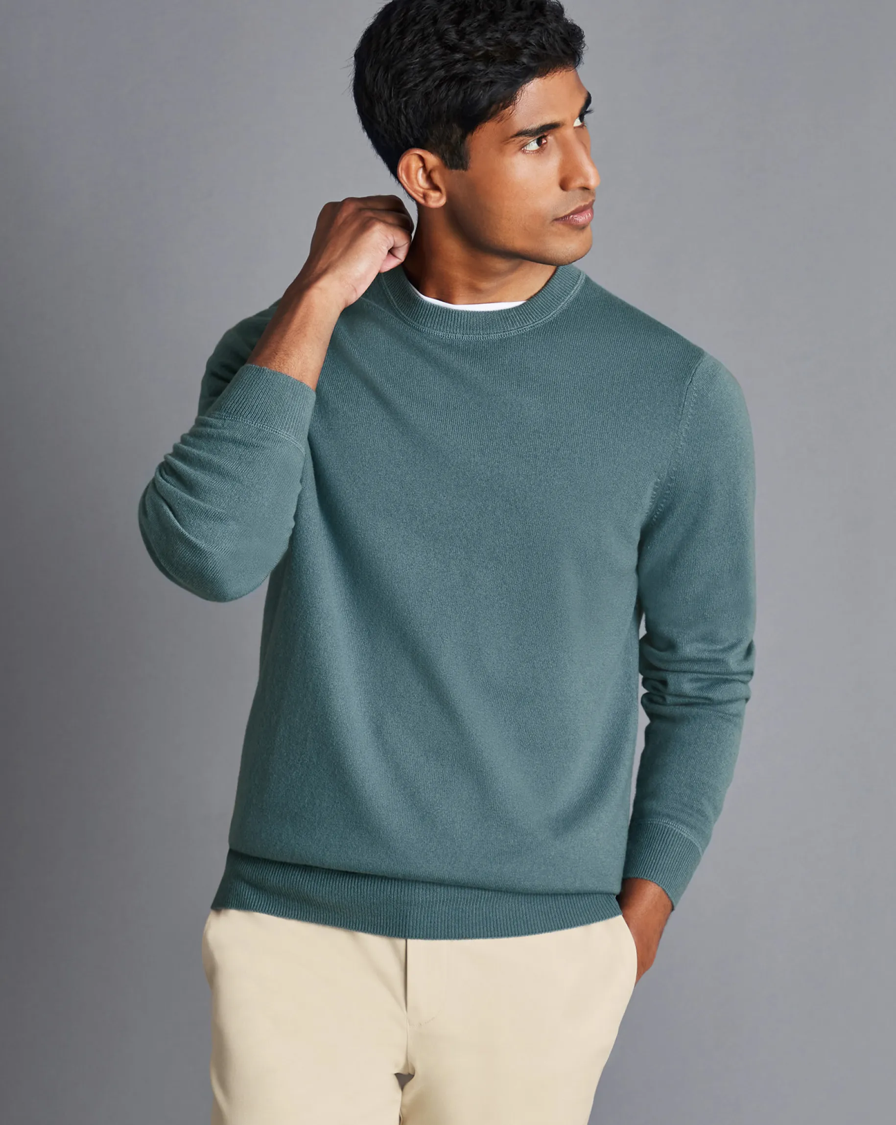 Sweaters<Charles Tyrwhitt Merino Cashmere Crew Neck Sweater - Pale Green Teal